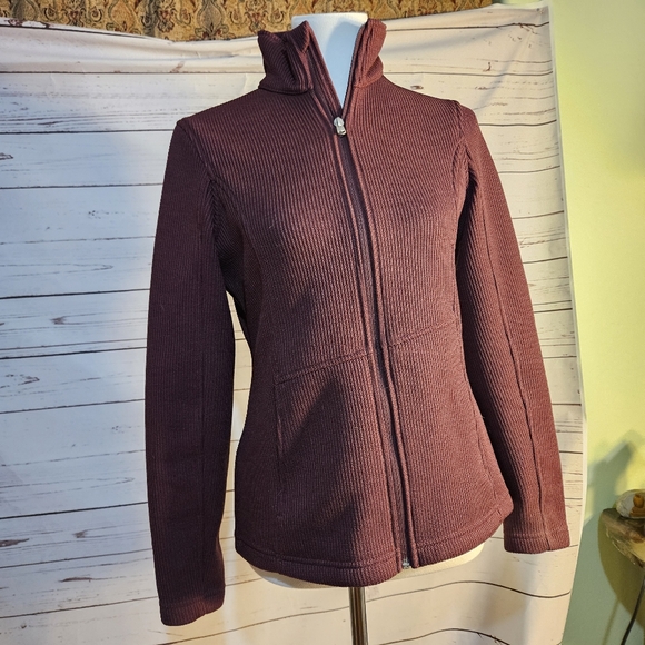 Textured Knit Full Zip Jacket Burgundy Mock Neck Casual Warm Layering Medium - Picture 1 of 13